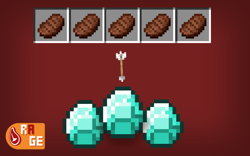 Image showing 5 minecraft slots 
                  with beef, an arrow pointing downwards at a stack of 3 diamonds